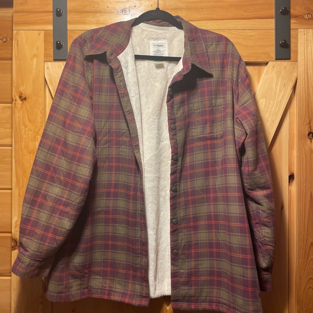 L.L.Bean Plaid Sherpa-Lined Button-Up shacket- Olive & Burgundy